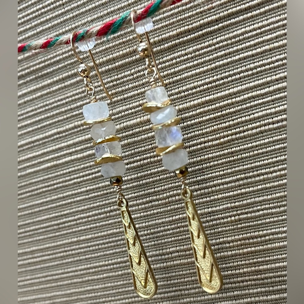 3/ $45- Faceted Rainbow Moonstone Gold Dangle Earrings
